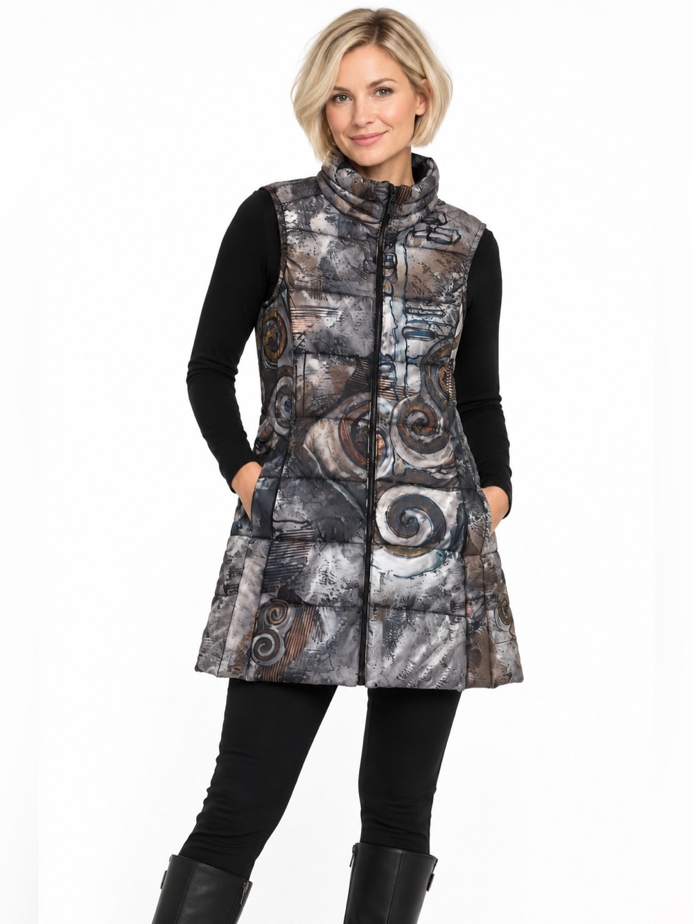 NWT Dolcezza Simply Art Triskelio Long Puffer Vest XS Abstract Print
